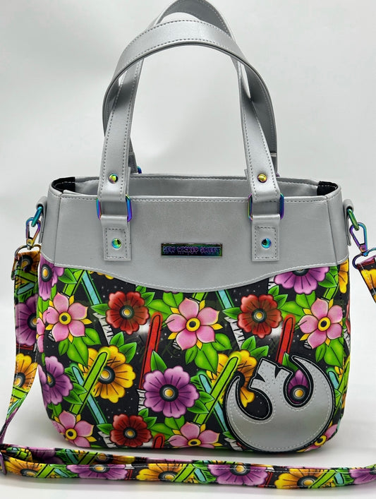 Floral wars crossbody tote bag